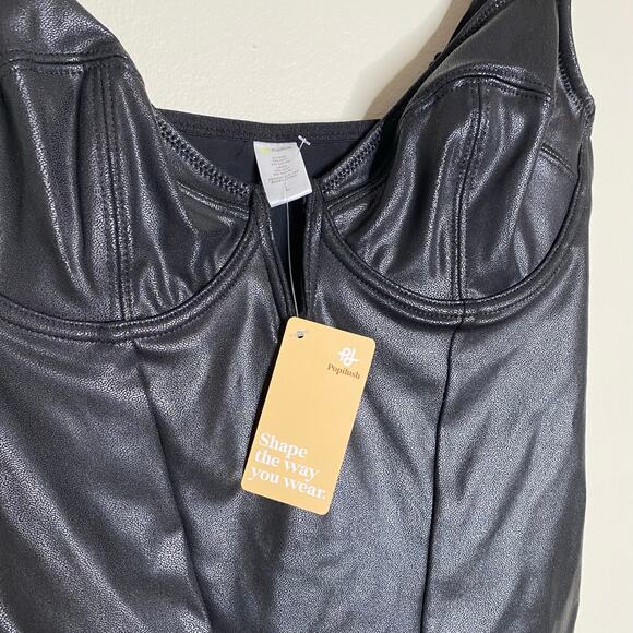 POPILUSH Shapewear Black Faux Leather Plunging V Sculpting Corset Bodysuit Large - Picture 6 of 9